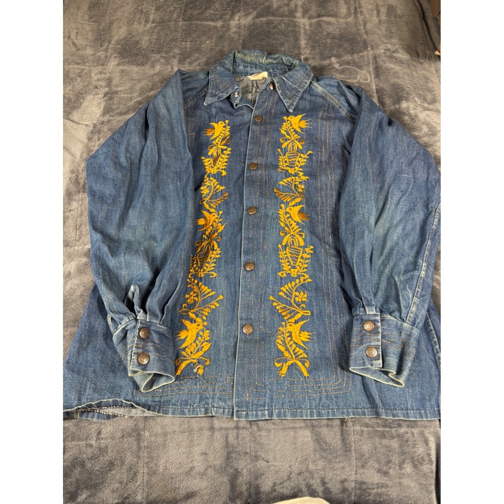 Vintage Embroidered Denim Shirt Blue Yellow Floral Bird Western Boho Mexico 6399
